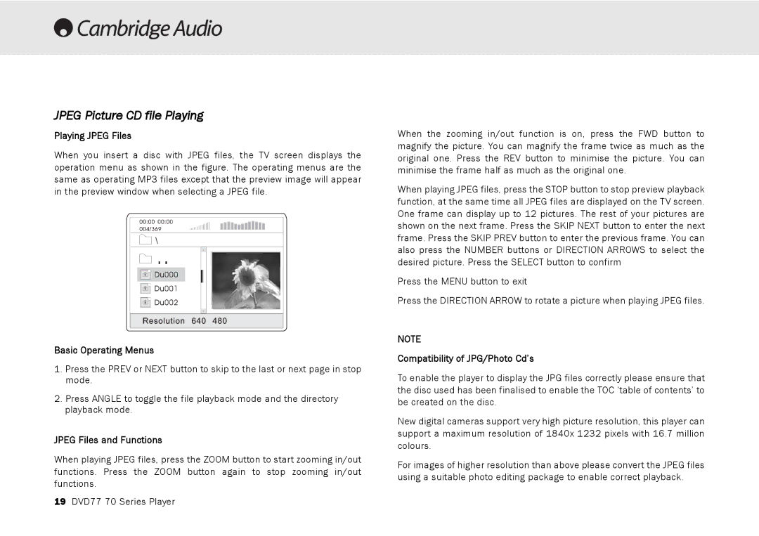 Cambridge Audio 70 manual Jpeg Picture CD file Playing, Playing Jpeg Files 