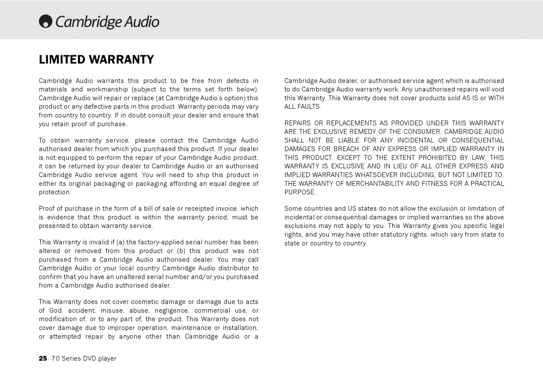 Cambridge Audio 70 manual Limited Warranty 