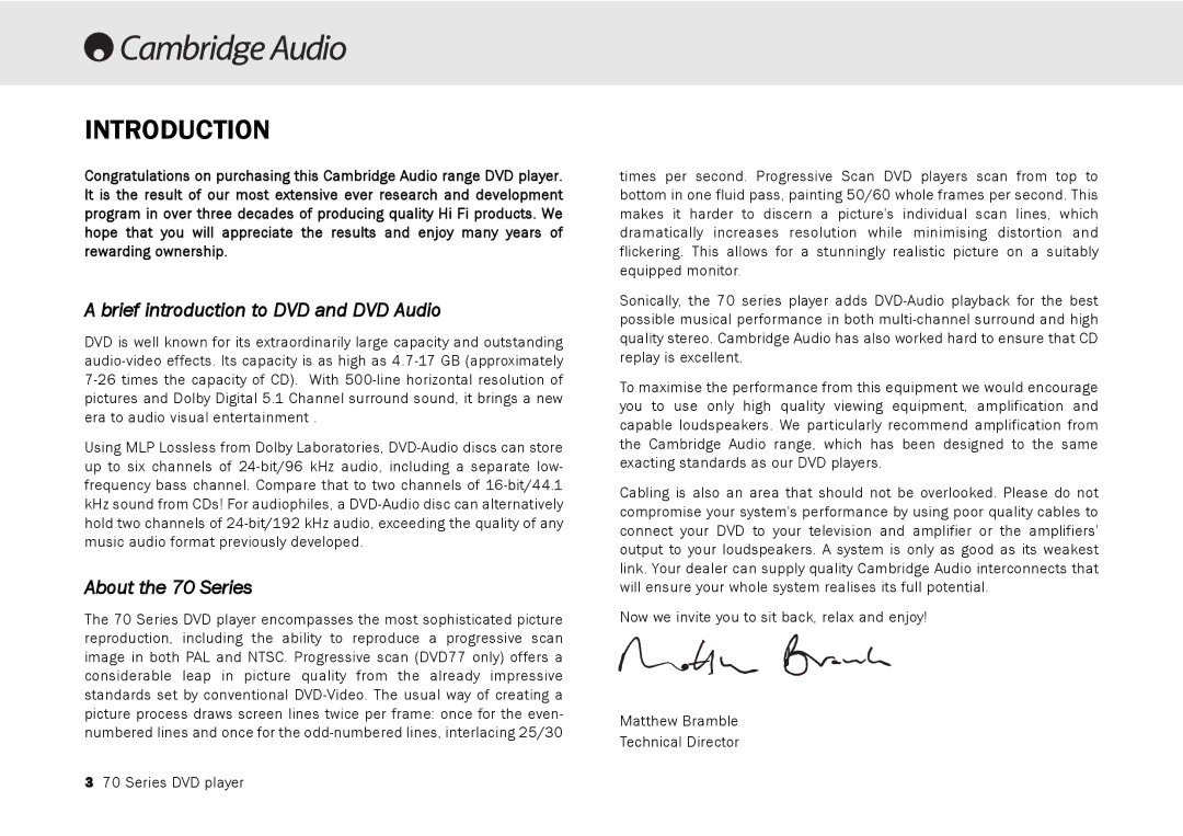 Cambridge Audio manual Introduction, Brief introduction to DVD and DVD Audio, About the 70 Series 