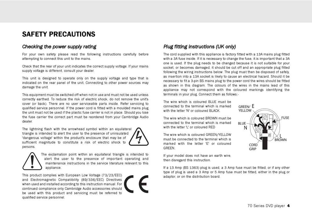 Cambridge Audio 70 manual Safety Precautions, Checking the power supply rating, Plug fitting instructions UK only 