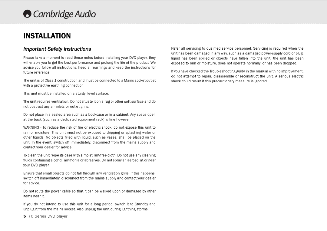 Cambridge Audio 70 manual Installation, Important Safety Instructions 