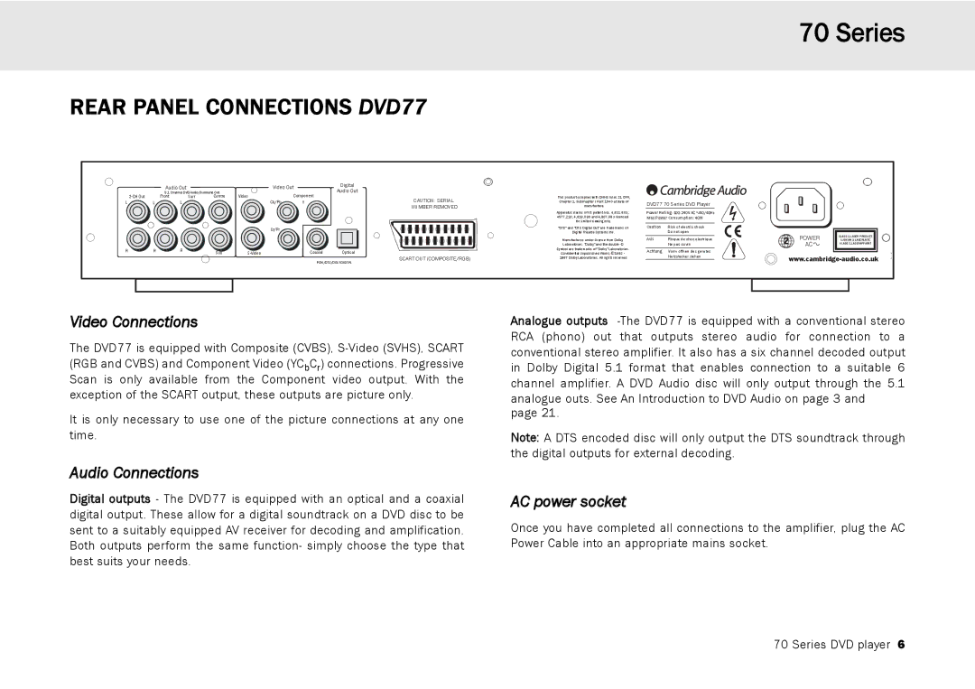 Cambridge Audio 70 manual Rear Panel Connections DVD77, Video Connections, Audio Connections, AC power socket 