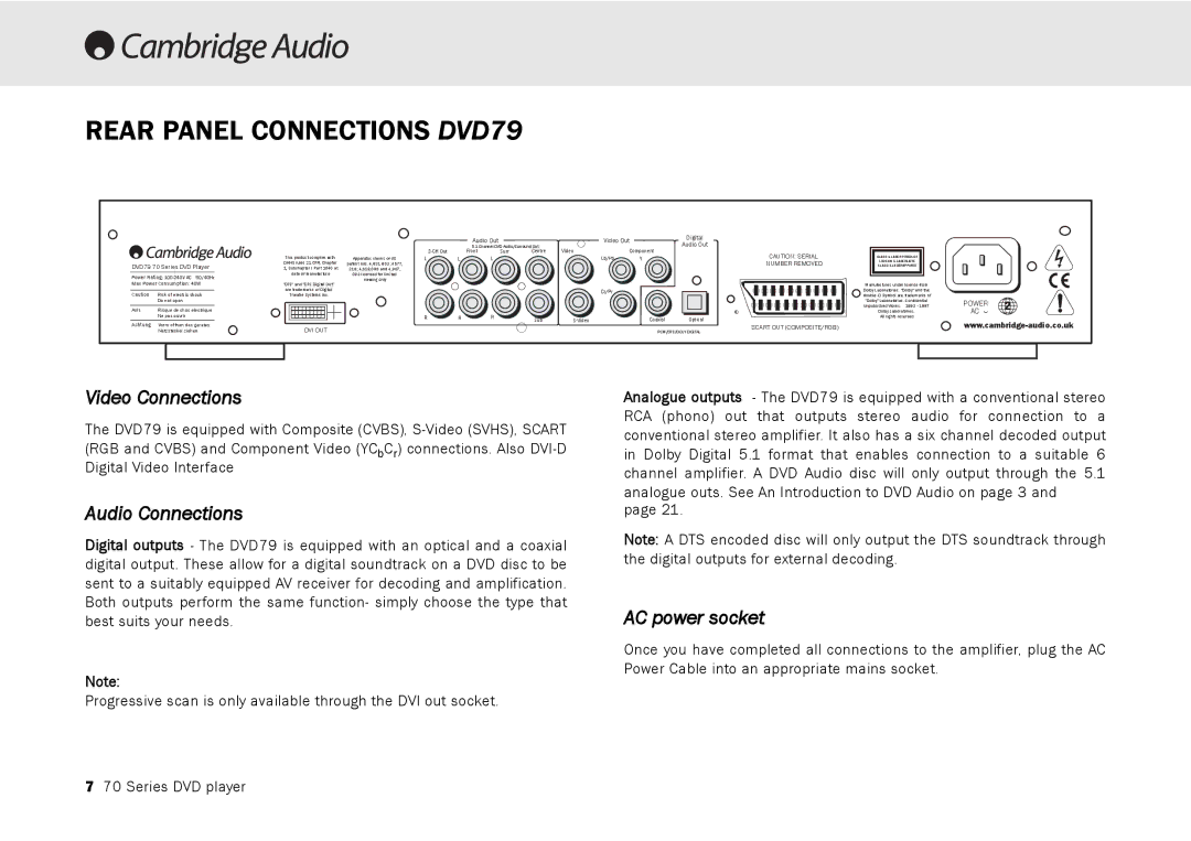 Cambridge Audio manual Rear Panel Connections DVD79, DVD79 70 Series DVD Player 