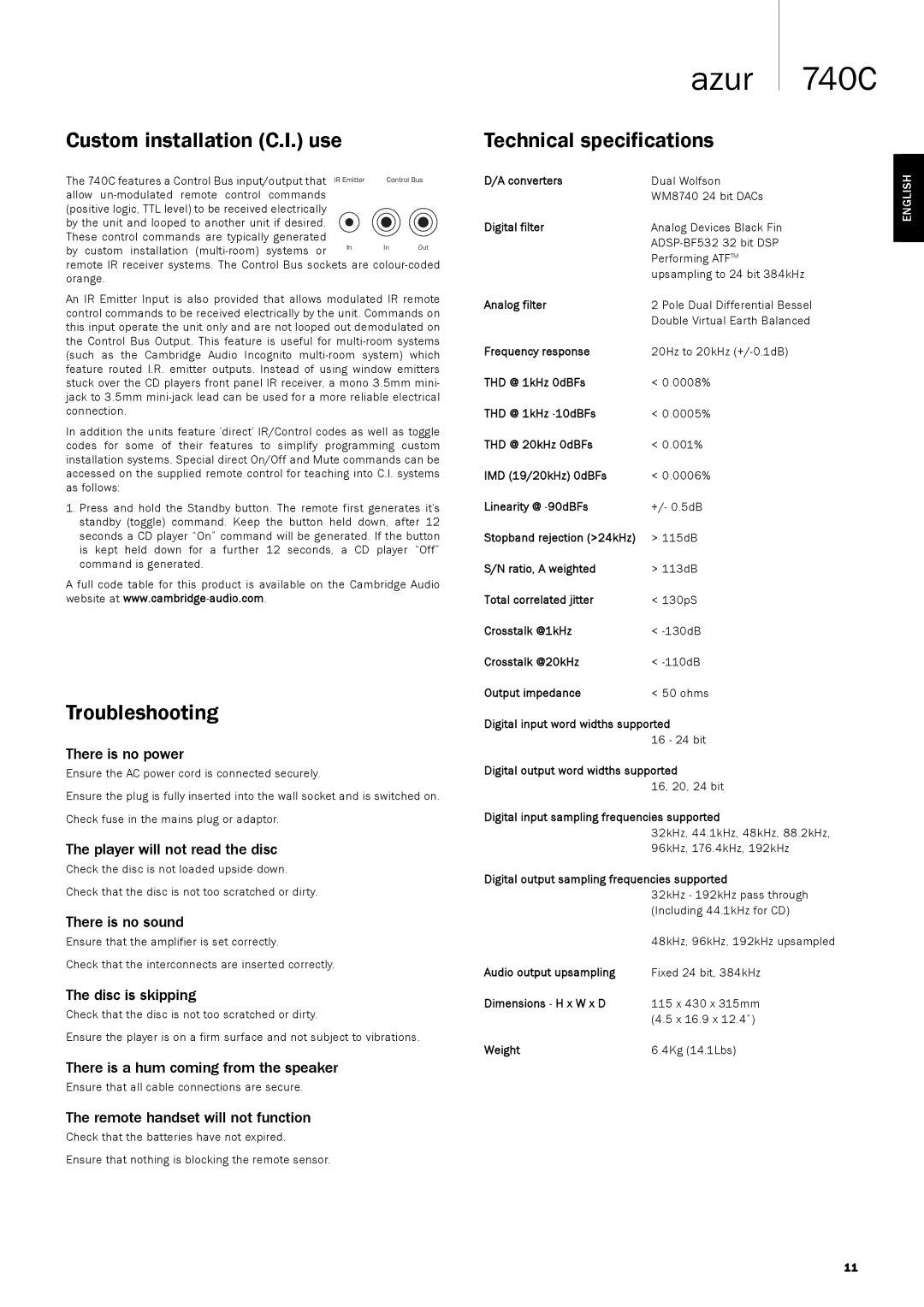 Cambridge Audio 740C user manual Custom installation C.I. use, Troubleshooting, Technical specifications 