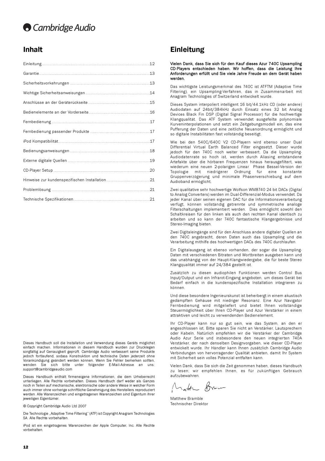 Cambridge Audio 740C user manual Inhalt, Einleitung 