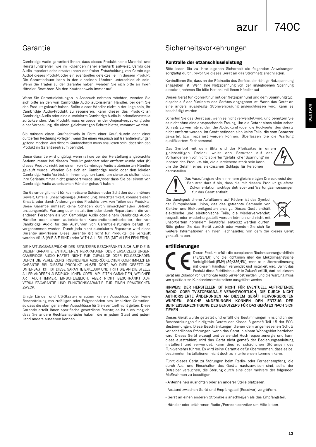 Cambridge Audio 740C user manual Garantie, Sicherheitsvorkehrungen, Kontrolle der Netzanschlussleistung, Zertifizierungen 