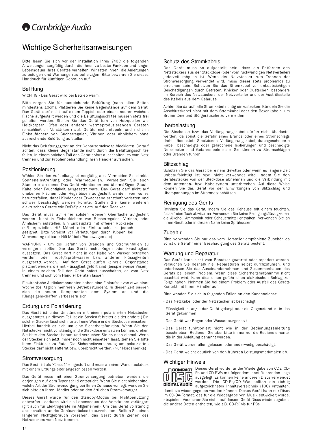 Cambridge Audio 740C user manual Wichtige Sicherheitsanweisungen 