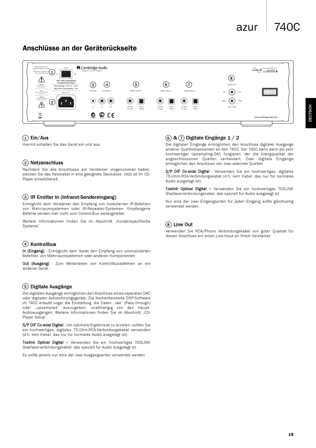 Cambridge Audio 740C user manual Anschlüsse an der Geräterückseite 