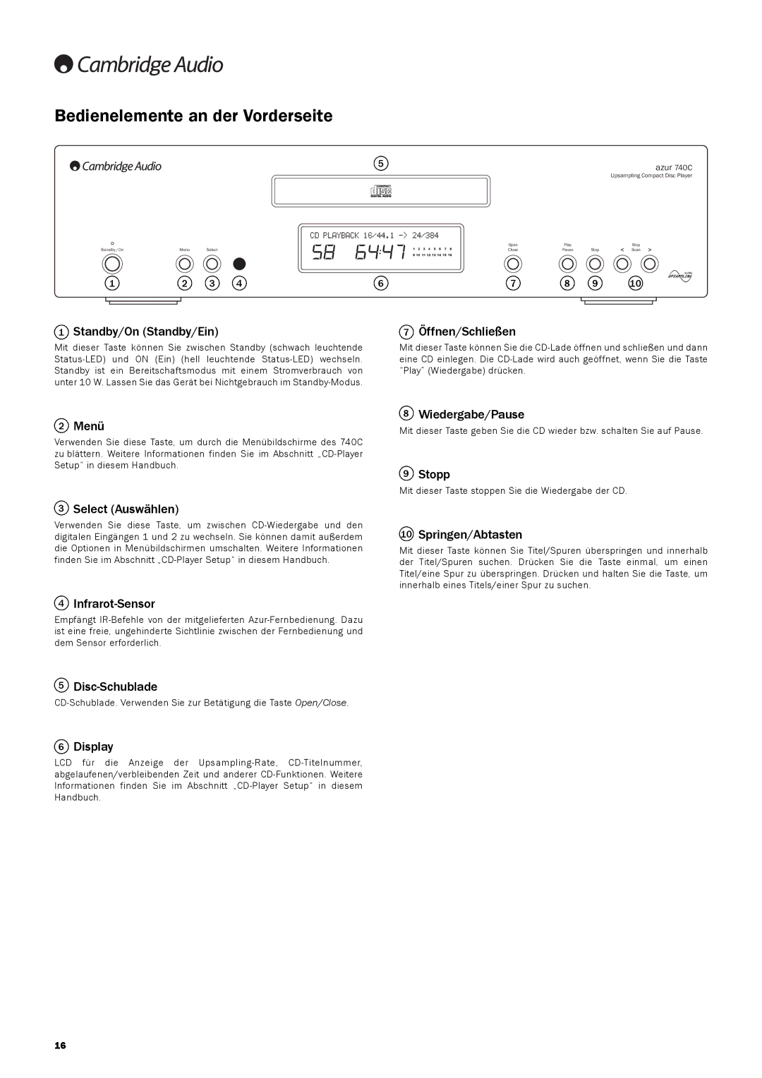 Cambridge Audio 740C user manual Bedienelemente an der Vorderseite 