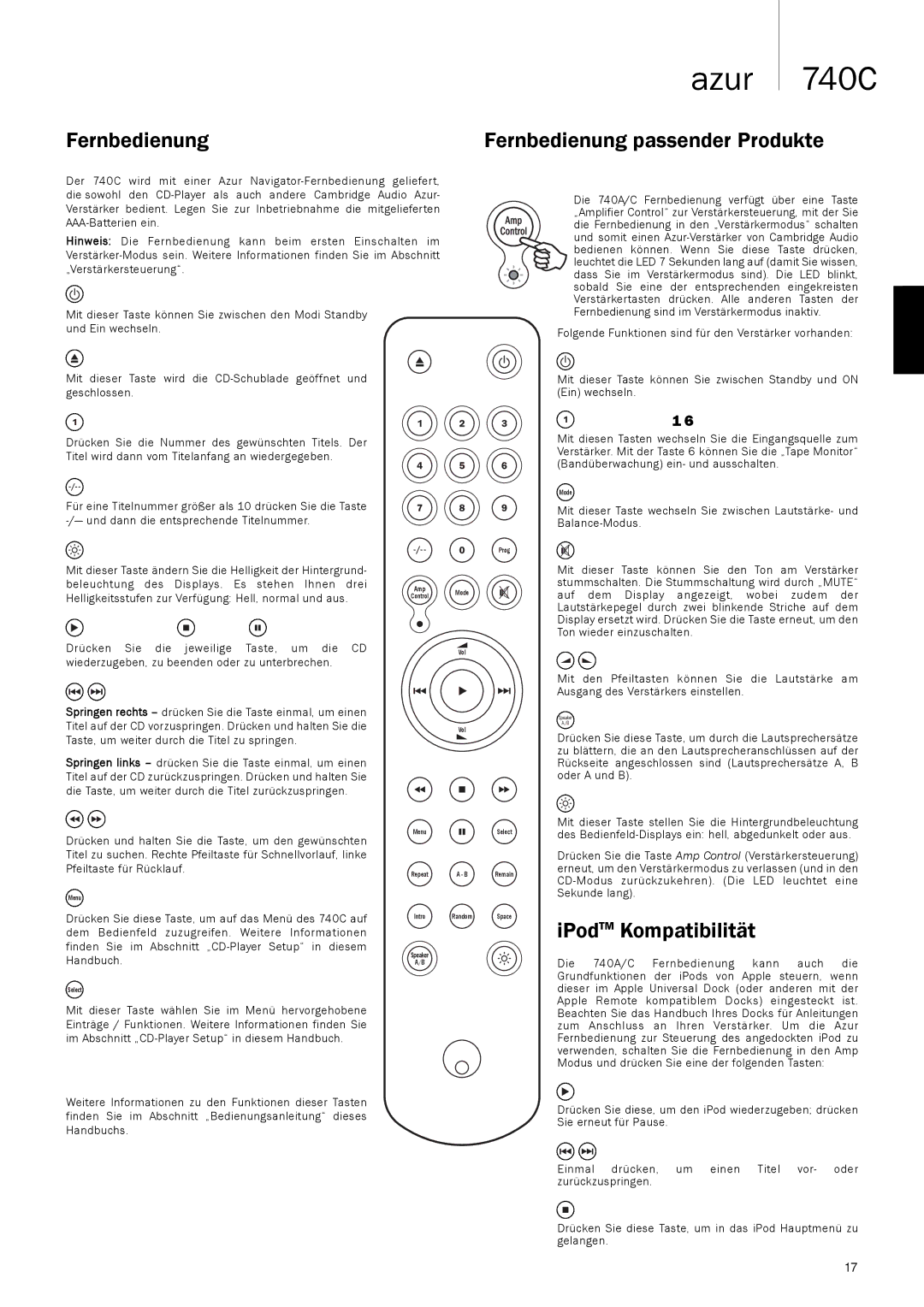 Cambridge Audio 740C user manual Fernbedienung passender Produkte, IPodTM Kompatibilität 