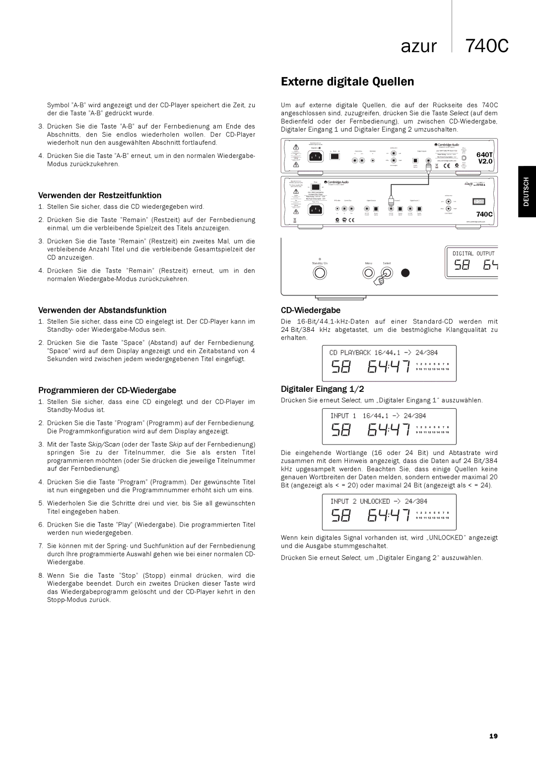 Cambridge Audio 740C user manual Externe digitale Quellen 