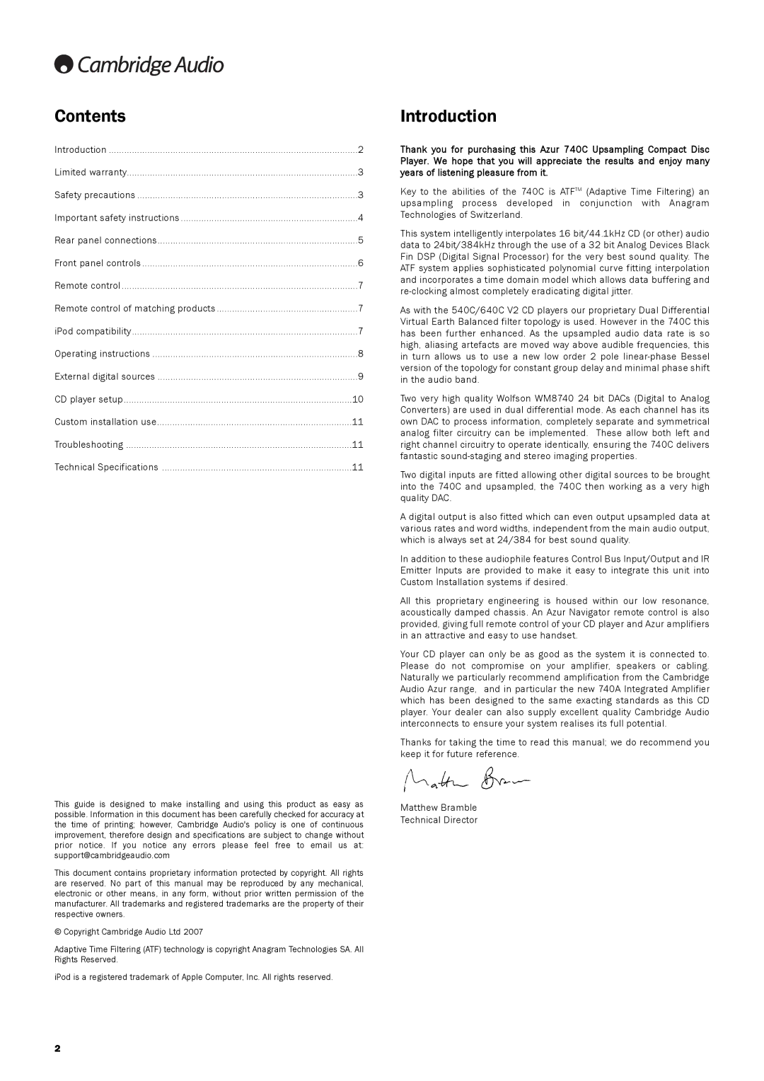 Cambridge Audio 740C user manual Contents, Introduction 