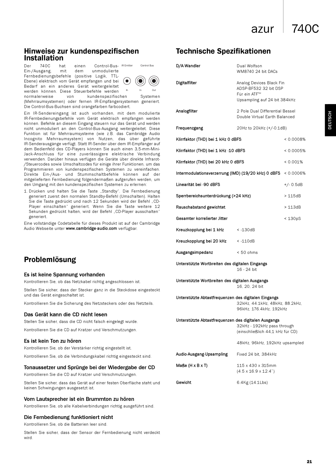 Cambridge Audio 740C user manual Hinweise zur kundenspezifischen Installation, Technische Spezifikationen, Problemlösung 