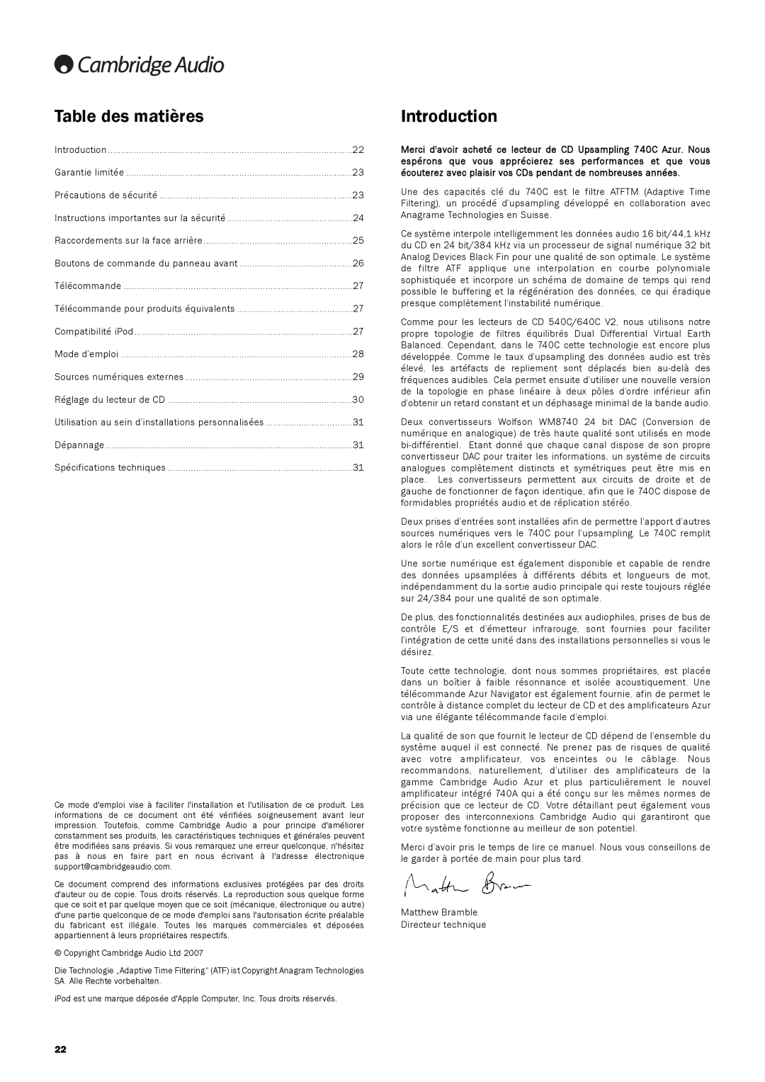 Cambridge Audio 740C user manual Table des matières, Utilisation au sein dinstallations personnalisées 