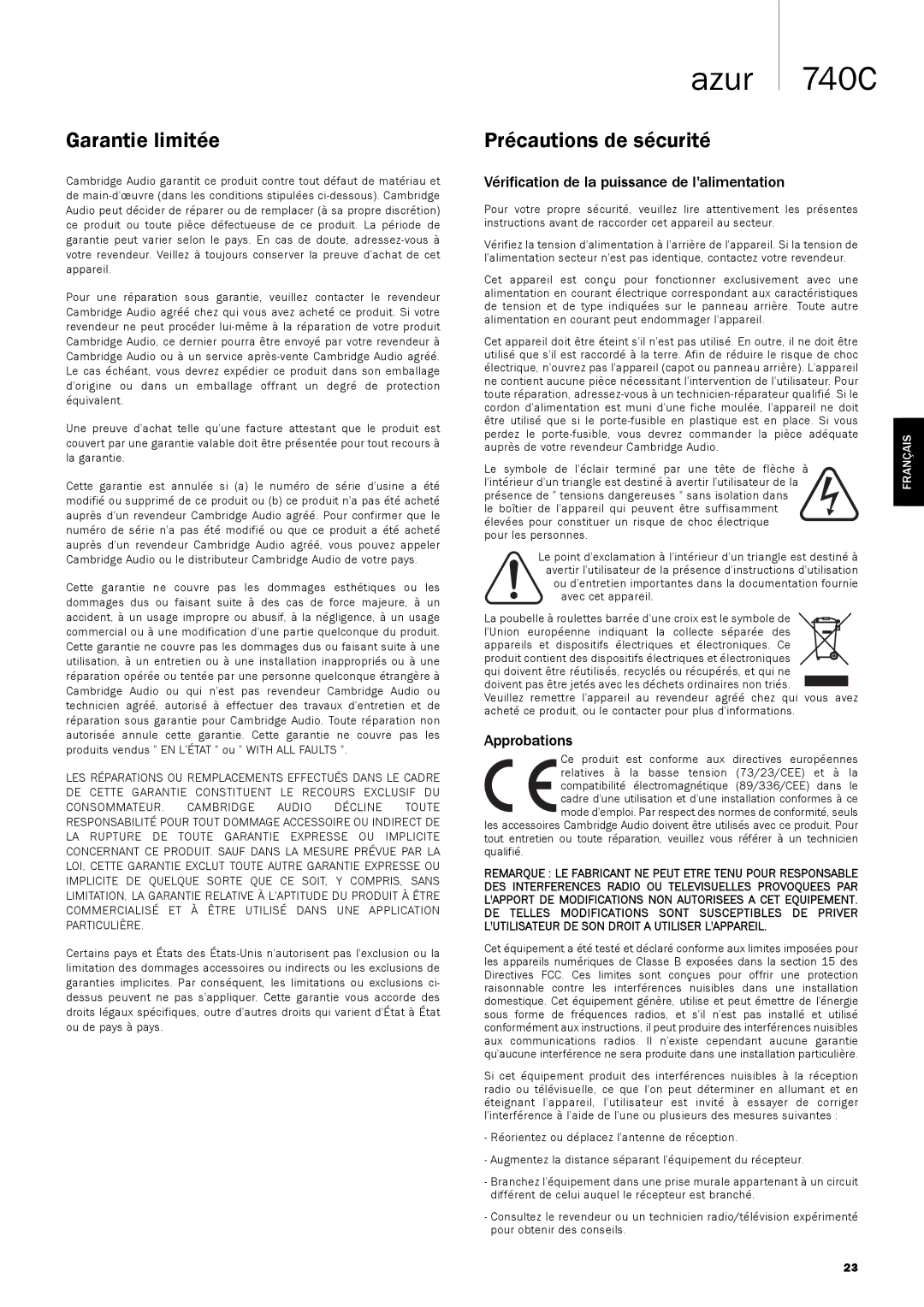 Cambridge Audio 740C user manual Garantie limitée, Précautions de sécurité, Vérification de la puissance de lalimentation 