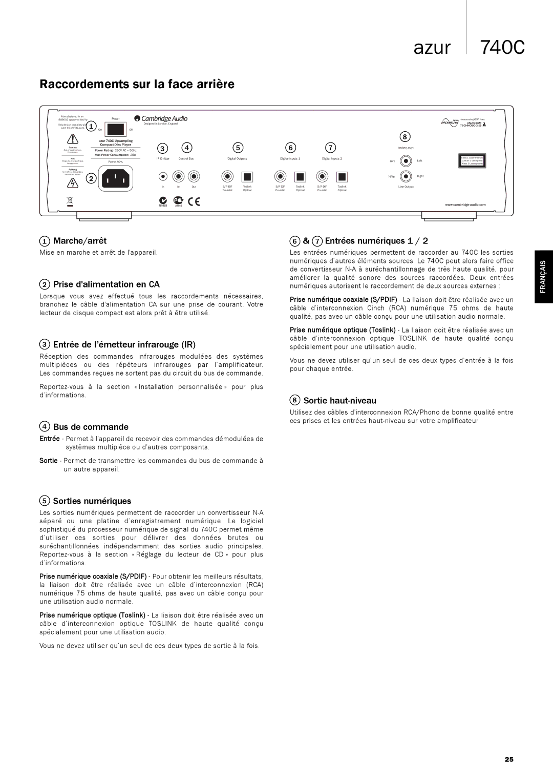 Cambridge Audio 740C user manual Raccordements sur la face arrière 