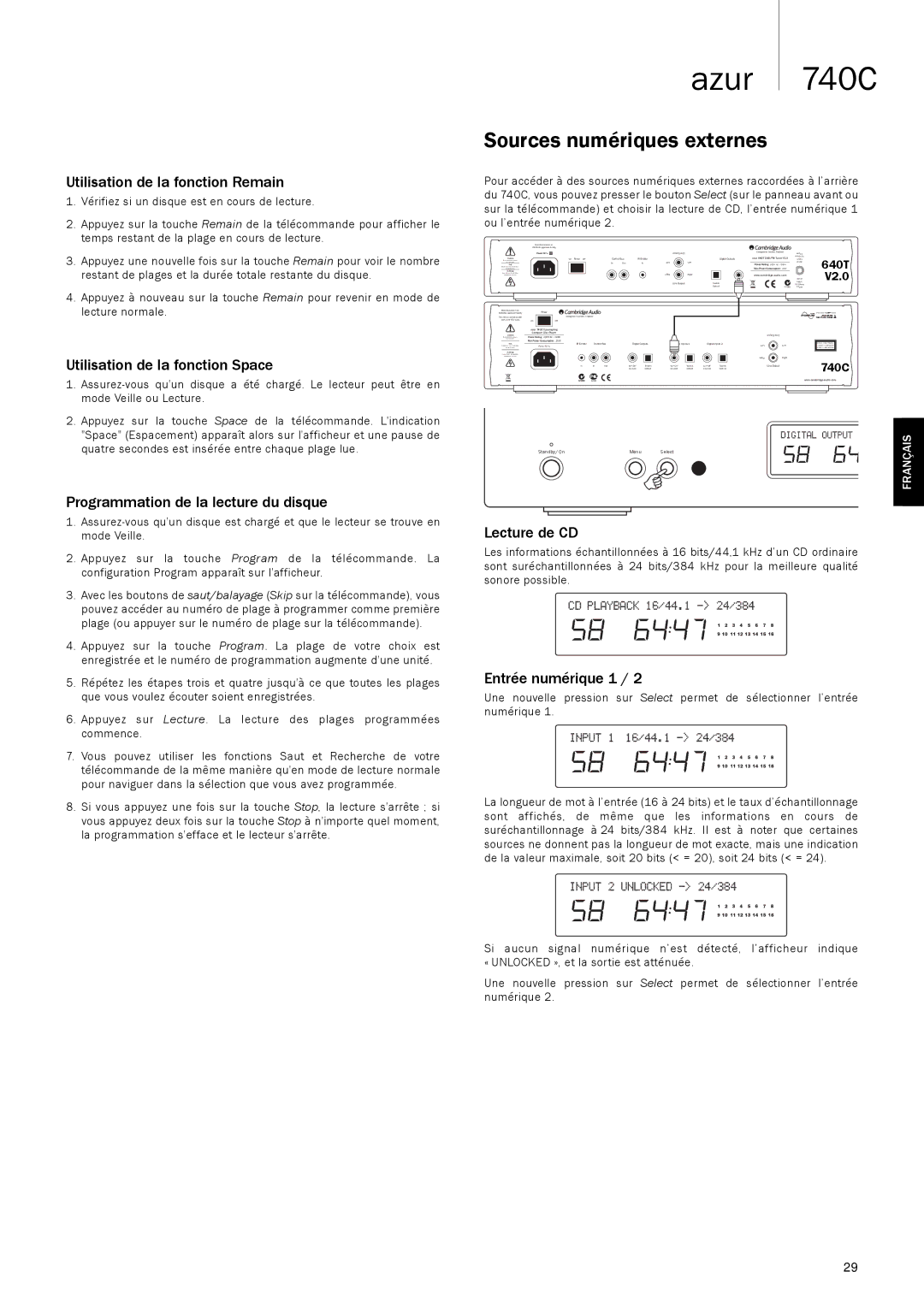 Cambridge Audio 740C user manual Sources numériques externes 