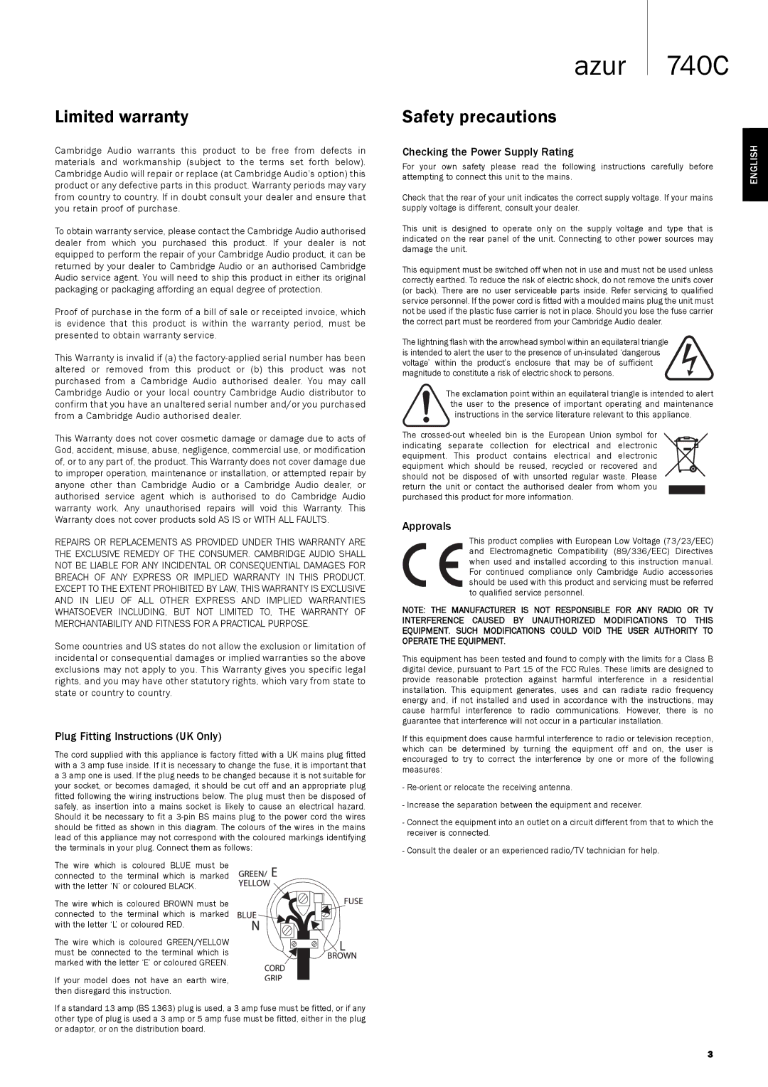 Cambridge Audio 740C user manual Limited warranty, Safety precautions 