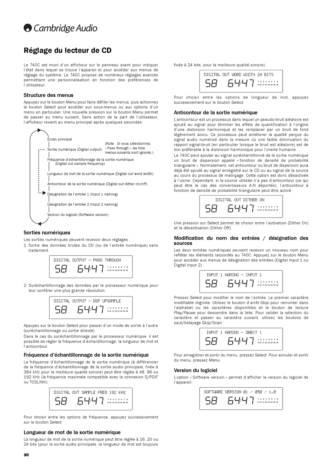 Cambridge Audio 740C user manual Réglage du lecteur de CD 