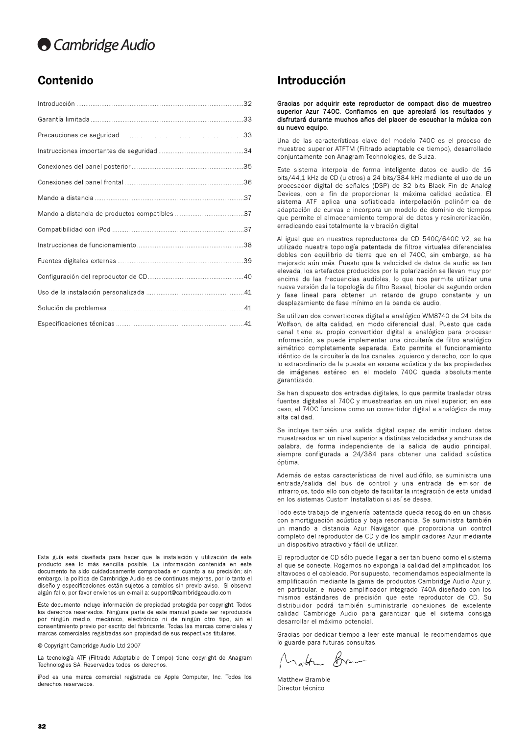 Cambridge Audio 740C user manual Contenido, Introducción 