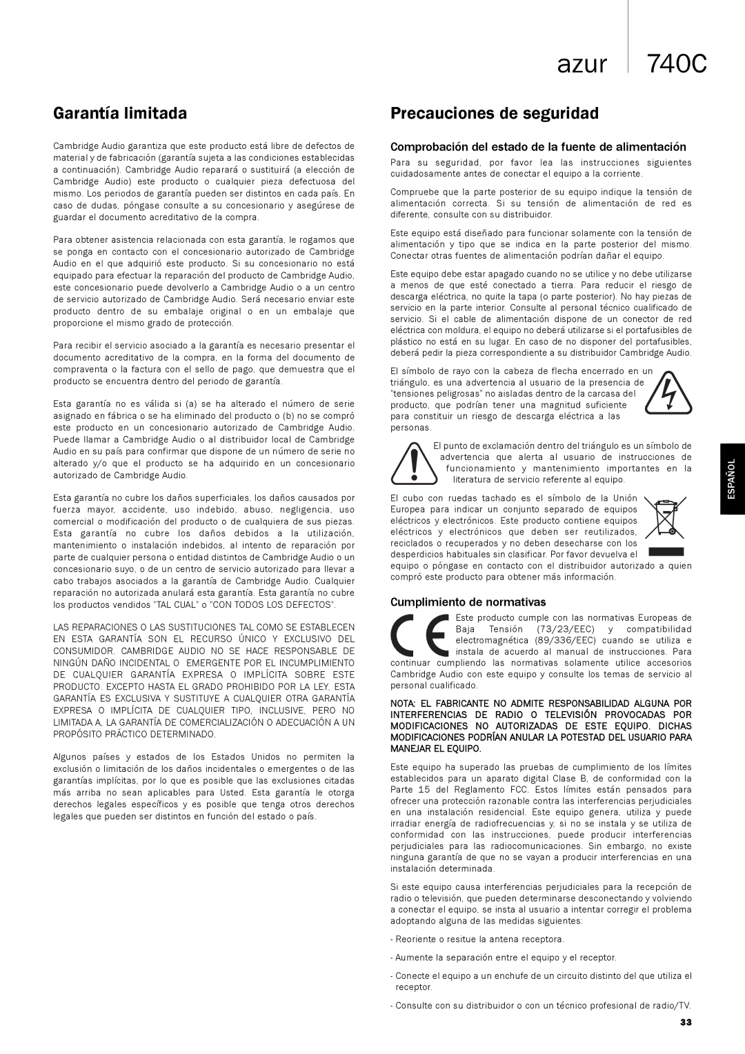 Cambridge Audio 740C Garantía limitada, Precauciones de seguridad, Comprobación del estado de la fuente de alimentación 