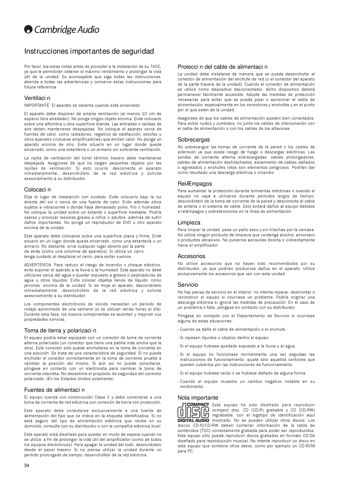 Cambridge Audio 740C Ventilación, Colocación, Toma de tierra y polarización, Fuentes de alimentación, Sobrecargas 