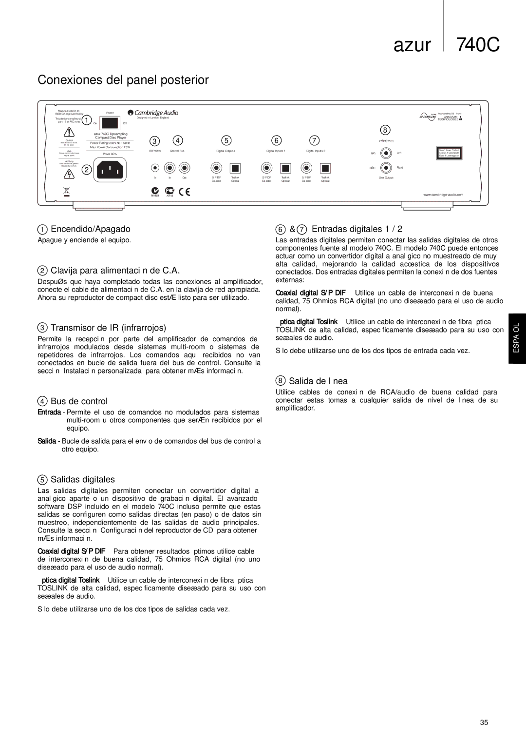 Cambridge Audio 740C user manual Conexiones del panel posterior 