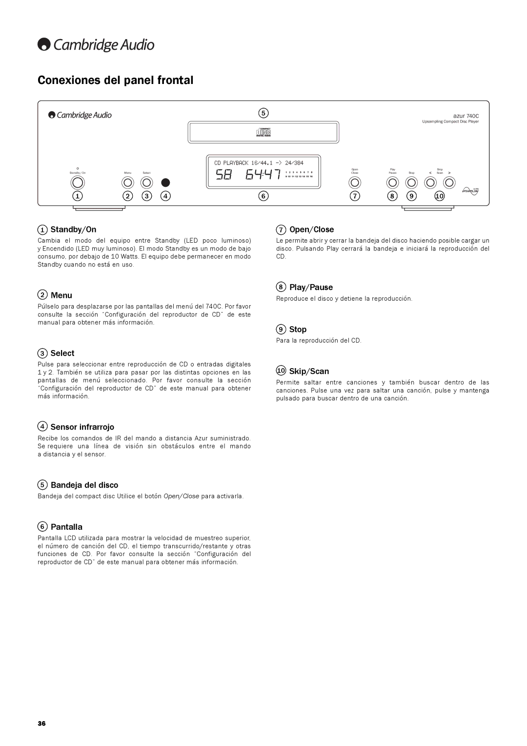 Cambridge Audio 740C user manual Conexiones del panel frontal, Sensor infrarrojo, Bandeja del disco, Pantalla 