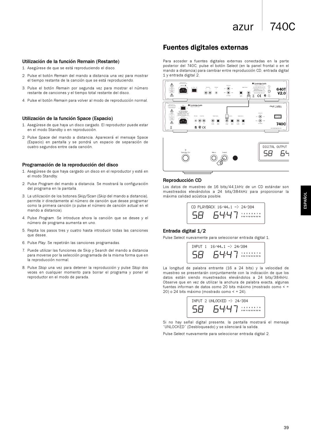 Cambridge Audio 740C user manual Fuentes digitales externas 