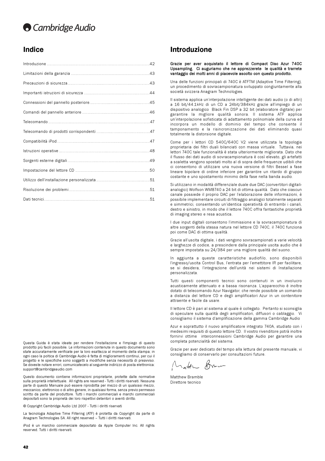 Cambridge Audio 740C user manual Indice, Introduzione 