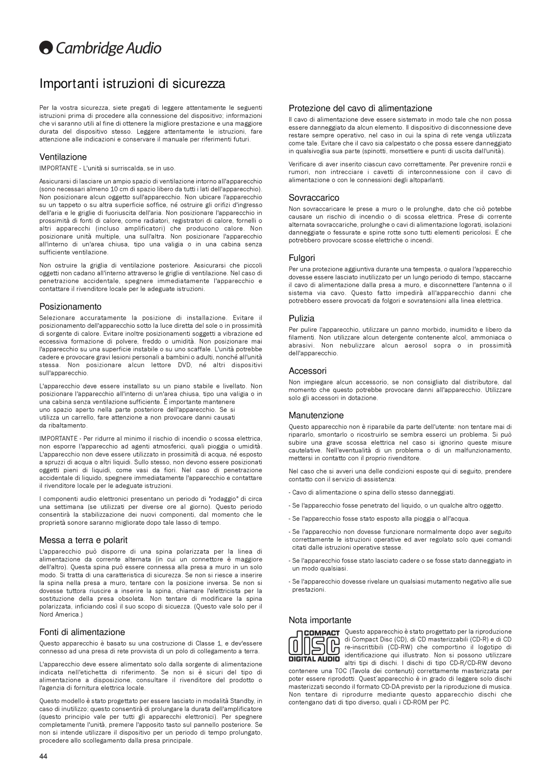 Cambridge Audio 740C user manual Importanti istruzioni di sicurezza 