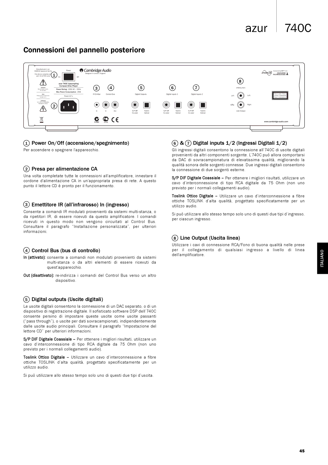 Cambridge Audio 740C user manual Connessioni del pannello posteriore 