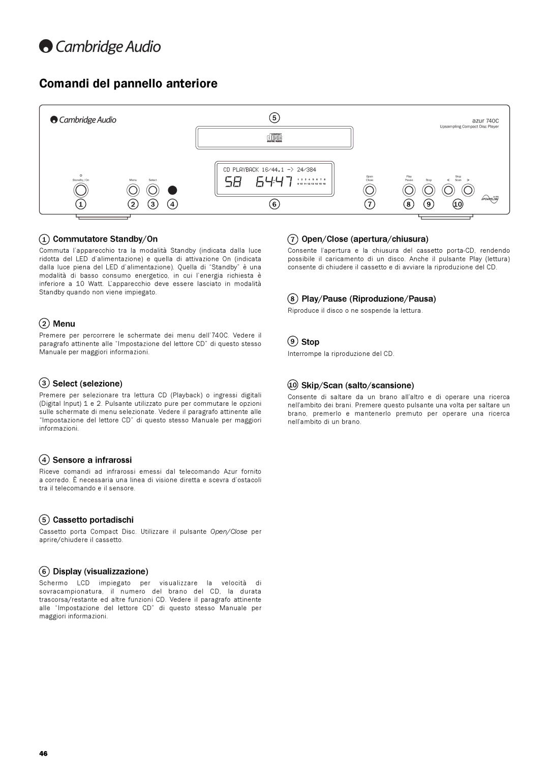 Cambridge Audio 740C user manual Comandi del pannello anteriore 