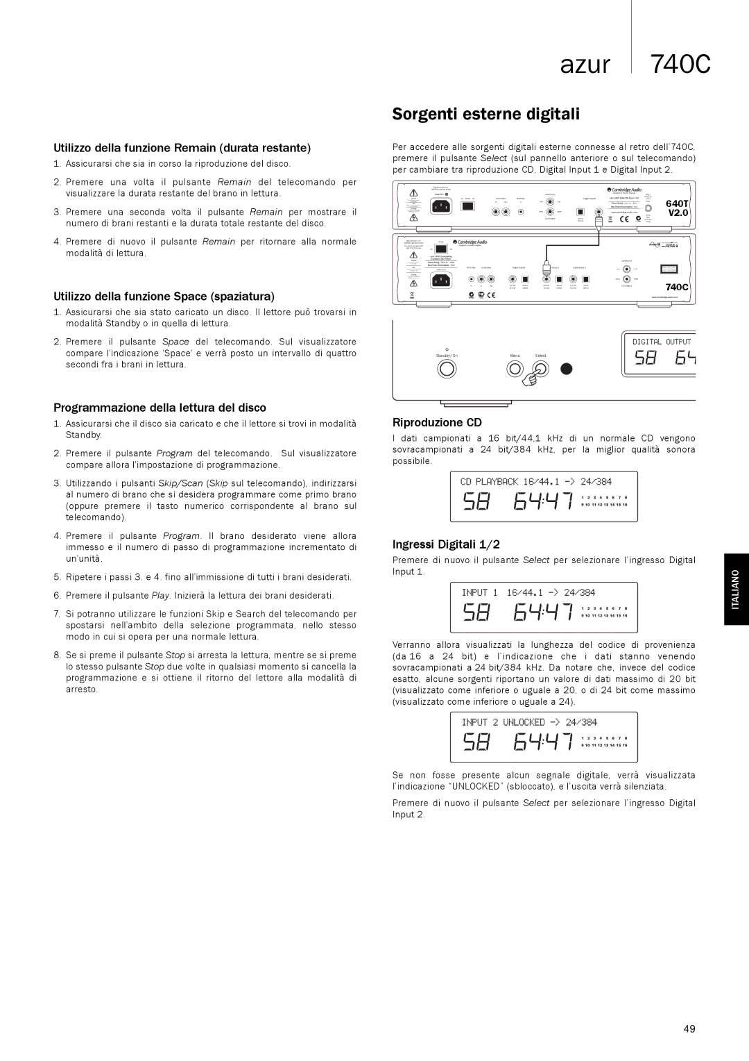 Cambridge Audio 740C user manual Sorgenti esterne digitali 