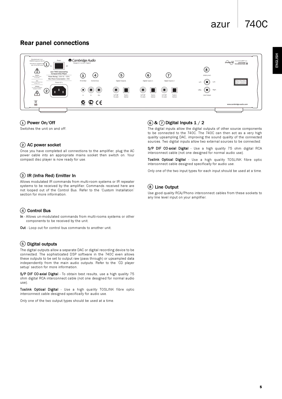 Cambridge Audio 740C user manual Rear panel connections 