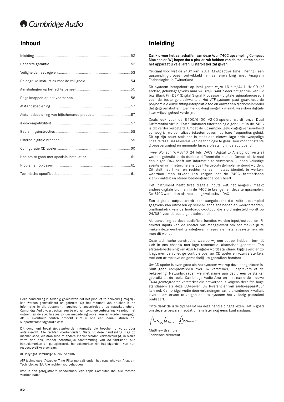 Cambridge Audio 740C user manual Inhoud, Inleiding 