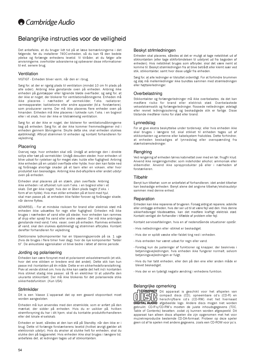 Cambridge Audio 740C user manual Belangrijke instructies voor de veiligheid 