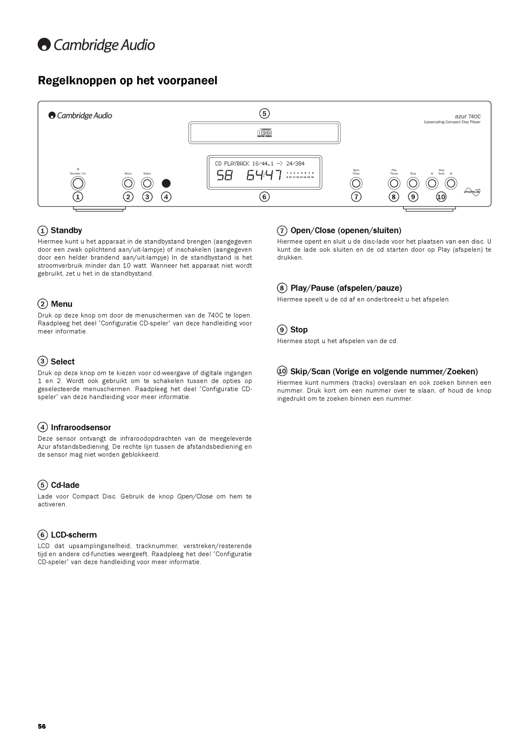 Cambridge Audio 740C user manual Regelknoppen op het voorpaneel 