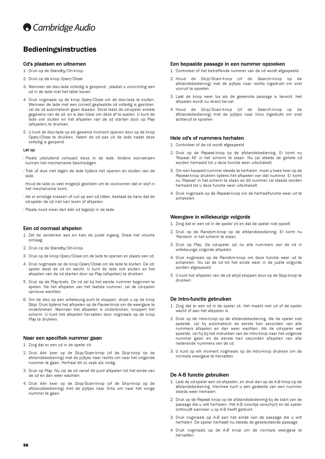 Cambridge Audio 740C user manual Bedieningsinstructies 