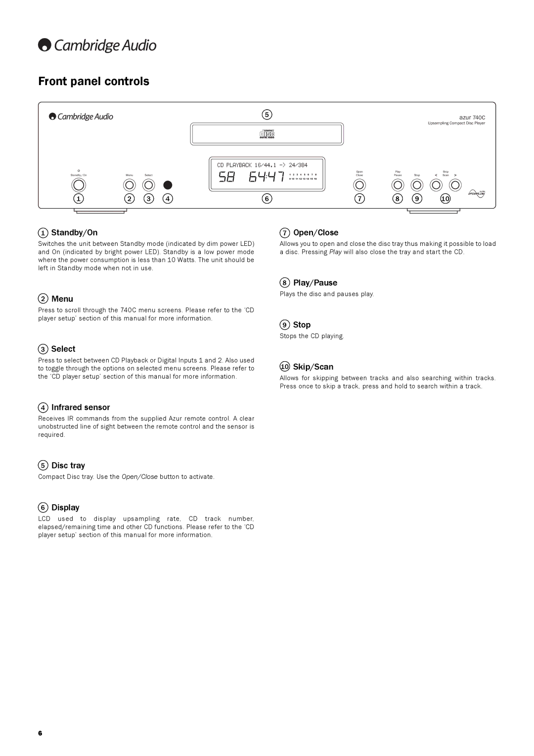 Cambridge Audio 740C user manual Front panel controls 