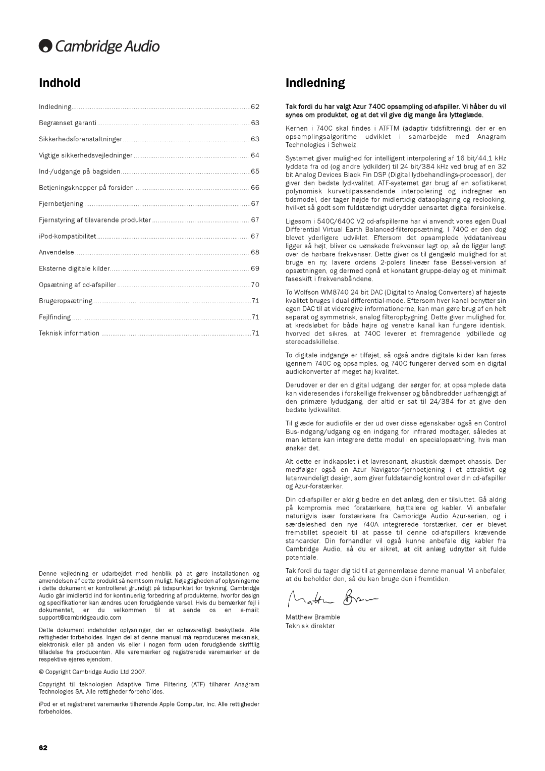 Cambridge Audio 740C user manual Indhold, Indledning 