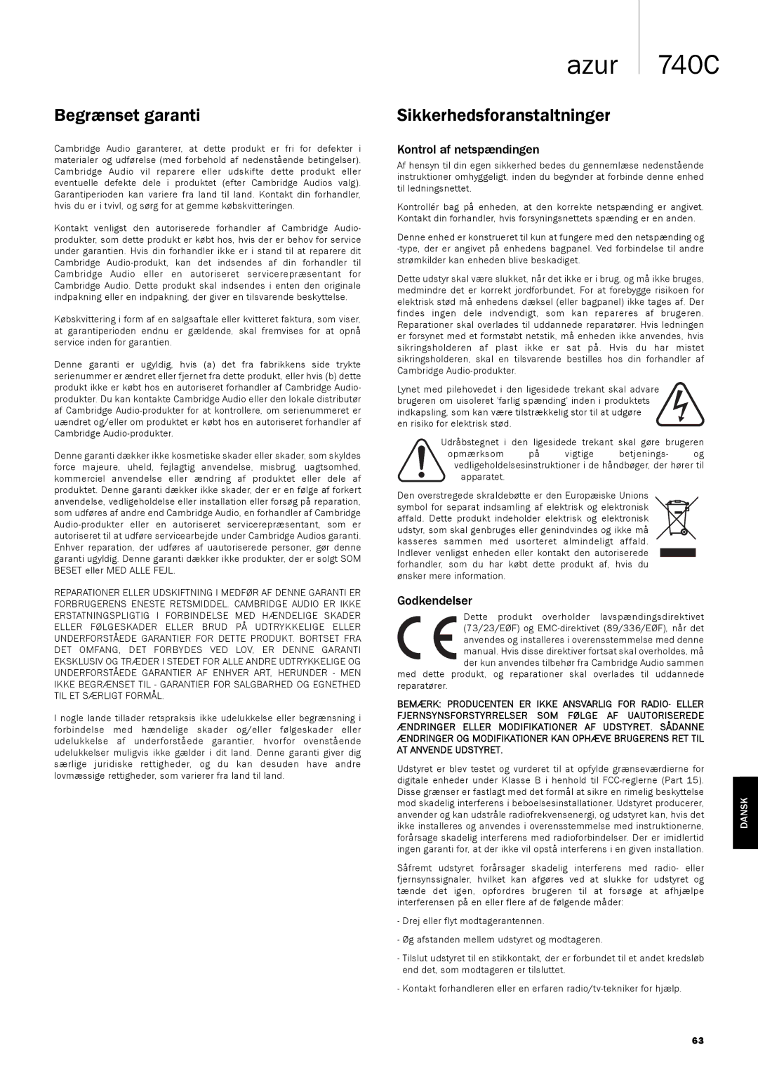 Cambridge Audio 740C user manual Begrænset garanti, Sikkerhedsforanstaltninger, Godkendelser 