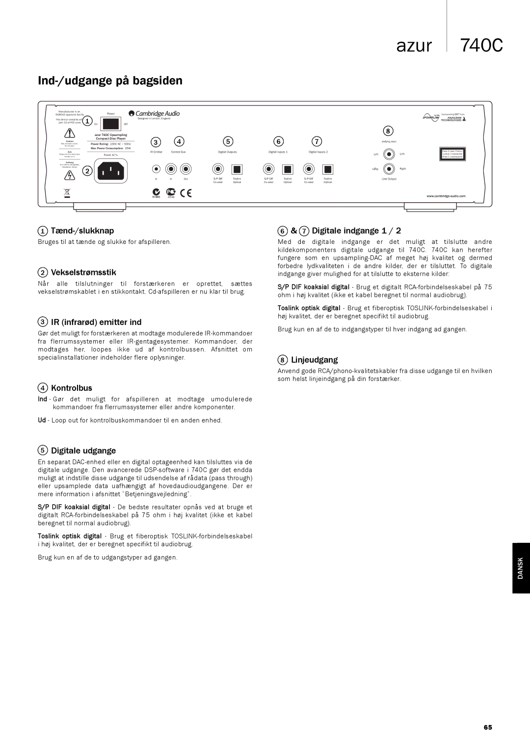 Cambridge Audio 740C user manual Ind-/udgange på bagsiden 