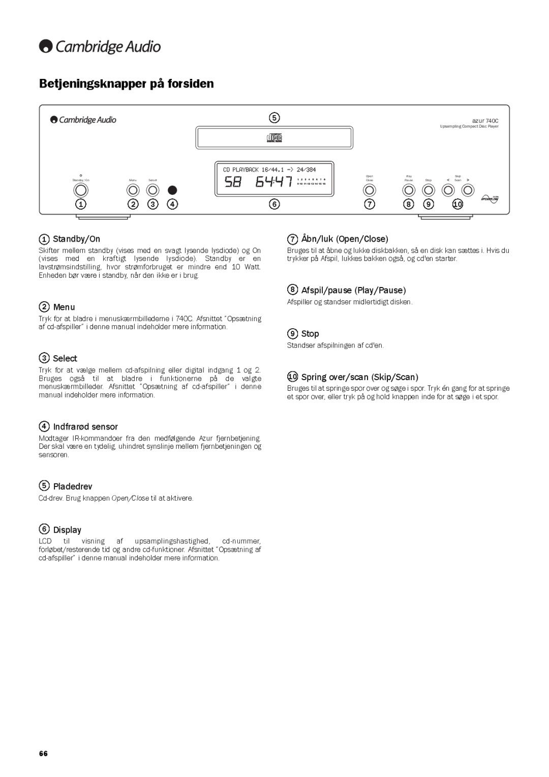 Cambridge Audio 740C user manual Betjeningsknapper på forsiden 