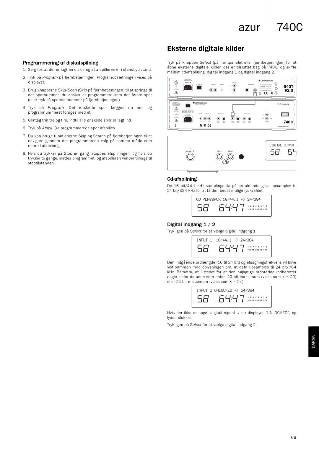 Cambridge Audio 740C Eksterne digitale kilder, Programmering af diskafspilning, Cd-afspilning, Digital indgang 1 