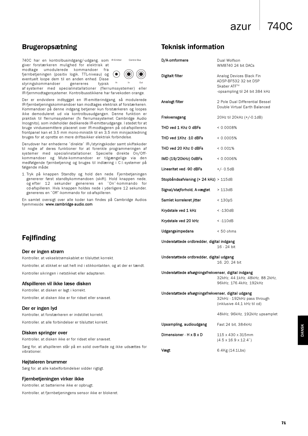 Cambridge Audio 740C user manual Brugeropsætning, Fejlfinding, Teknisk information 