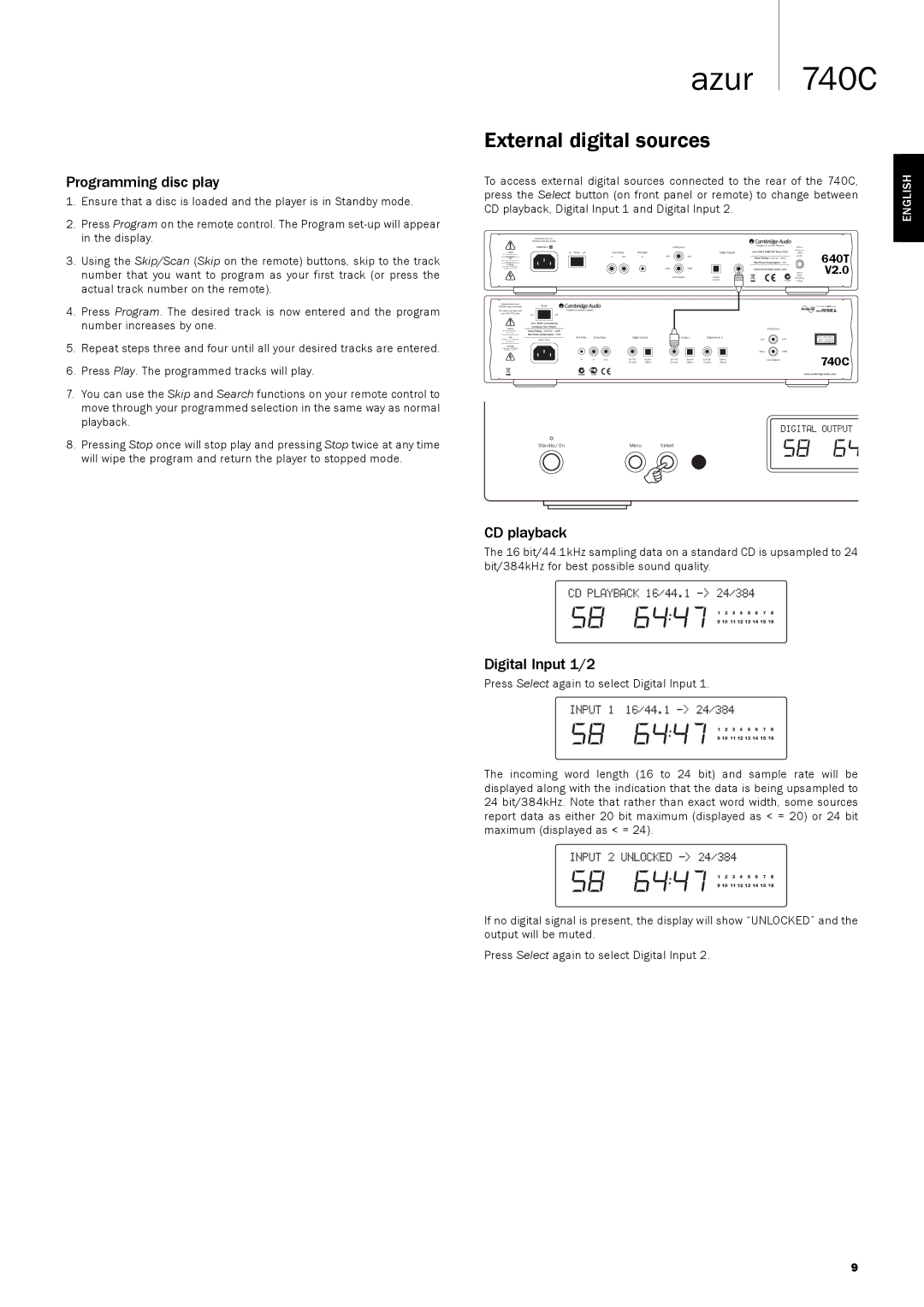 Cambridge Audio 740C user manual Programming disc play, CD playback, Digital Input 1/2 