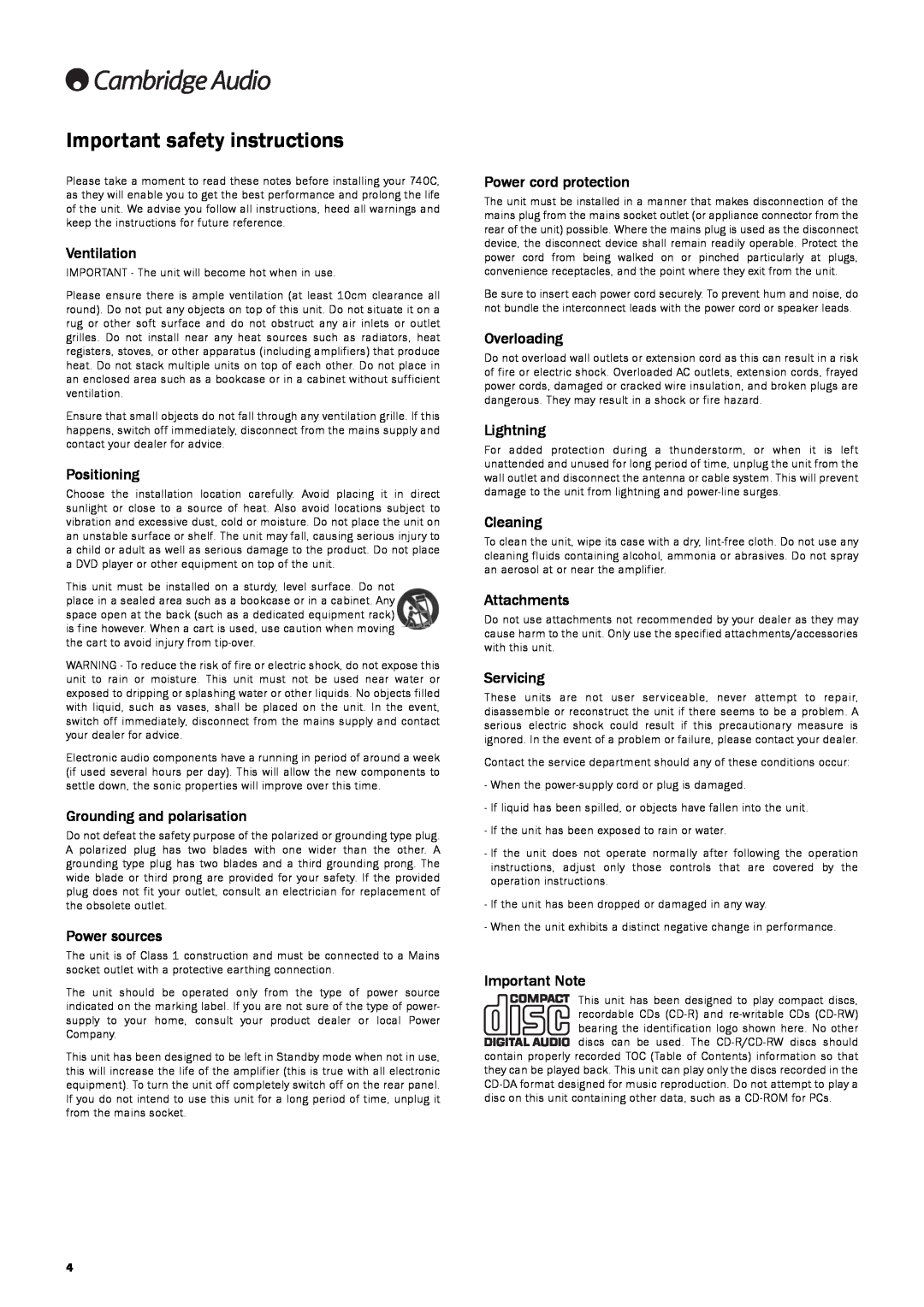 Cambridge Audio 740C user manual Important safety instructions 