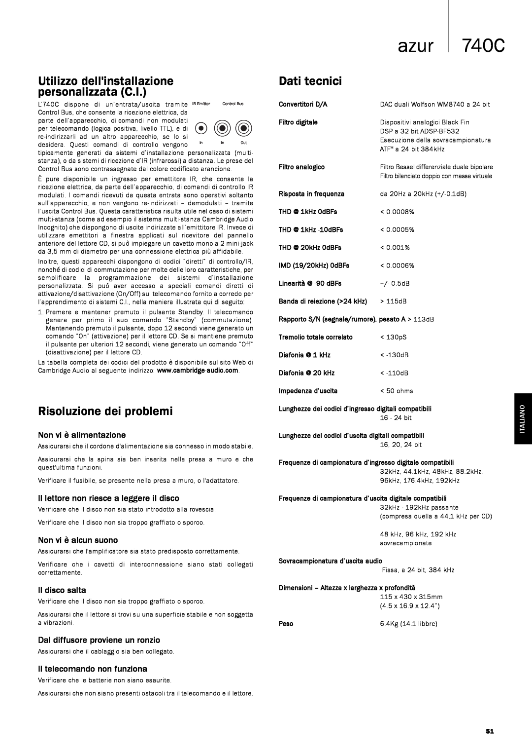 Cambridge Audio 740C Utilizzo dellinstallazione personalizzata C.I, Risoluzione dei problemi, Dati tecnici, azur, Italiano 