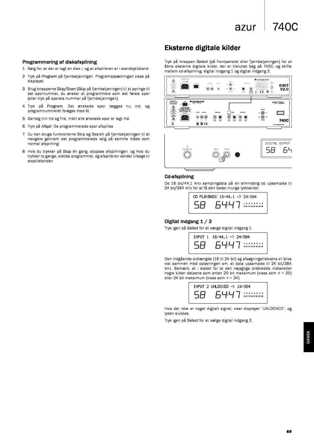 Cambridge Audio Eksterne digitale kilder, azur 740C, Programmering af diskafspilning, Cd-afspilning, Digital indgang 1 